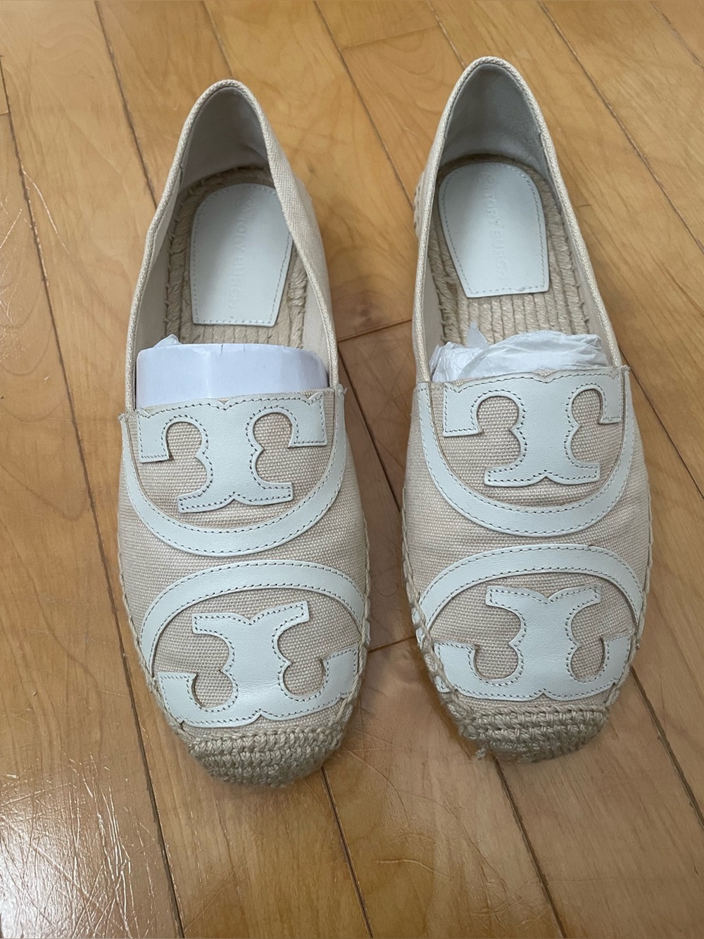 Tory Burch Cream Canvas & White Leather Logo Espadrille Flats - Picture 2 of 12